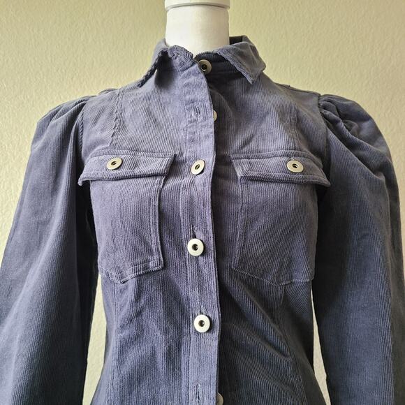 Forever 21 Corduroy Mini Shirt Dress Small Button Up Long‎ Puff Sleeves Preppy - Picture 6 of 12